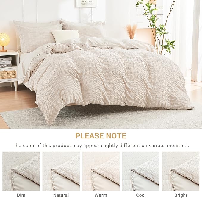 HYMOKEGE Beige California King Comforter Set Seersucker 7 Pieces, All Season Luxury Bed in a Bag for Bedroom, Bedding Set with Comforters, Sheets, Pillowcases & Shams
