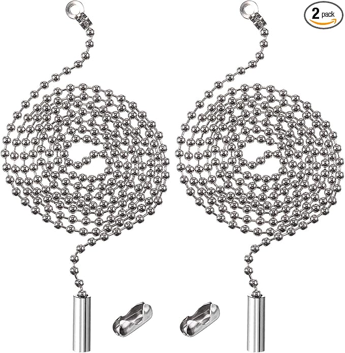 Shappy 2 Pack Steel Beaded Ball Pull String Extension Chain with Connector for Ceiling Fan Light Fixture Light Bulb Switch Chain Extender, 1 Meter Length