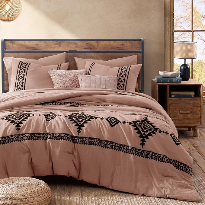 MaiRêve Embroidery Full Size Comforter Set Dusty Pink, Farmhouse Western Boho Bedding Set 7 Pieces, All Season Bed in A Bag Comforter Set with Sheets, Pillowcases & Shams