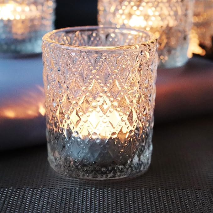 Clear Votive Candle Holders, 3 Patterns 24 pcs Glass Tealight Candle Holders for Christmas Wedding Table Centerpiece Birthday Party