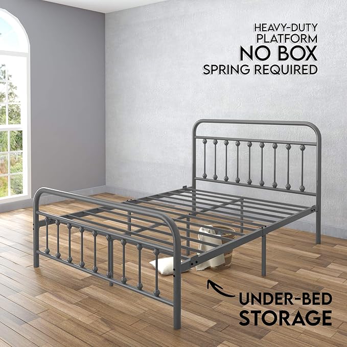 Golden Gate Beds Victorian Vintage Style Metal Bed Frame with Wrought Iron Headboard and Footboard, Classic Platform Bedframe Storage, No Box Spring Needed, Mattress Foundation, Silver, Queen Size