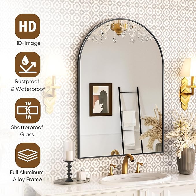 Antok Bathroom Mirror,36"x24" Wall Mirror, Decorative Mirrors Vanity Mirror Aluminum Alloy Frame Contemporary Hanging Mirror for Living Room Bathroom Entryway,Black,Arched
