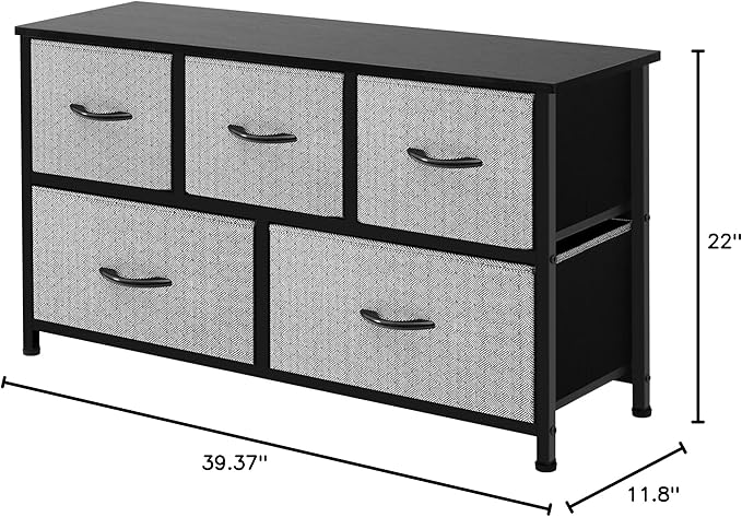 AZL1 Life Concept Extra Wide Dresser Storage Tower with Sturdy Steel Frame,5 Drawers of Easy-Pull Fabric Bins, Organizer Unit for Bedroom, Hallway, Entryway, Grey with Black