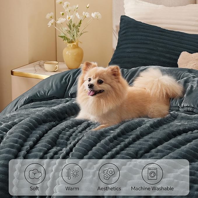 BEDELITE Fleece Twin Comforter Set -Super Soft & Warm Fluffy Dark Grey Bedding, Luxury Fuzzy Heavy Bed Set for Winter with 1 Pillow case