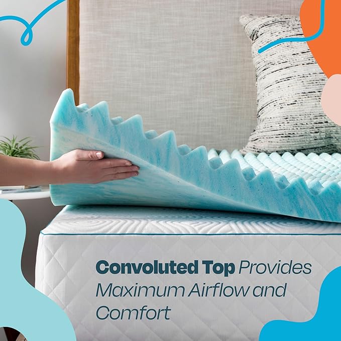 Linenspa 2 Inch Convoluted Gel Swirl Memory Foam Mattress Topper - Promotes Airflow - Relieves Pressure Points - Full