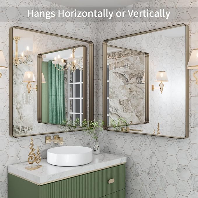 LOAAO 36”X36” Bronze Bathroom Mirrors for Vanity, Rounded Rectangle Brushed Bronze Metal Frame Mirror, Anti-Rust, Tempered Glass, Hangs Horizontally or Vertically
