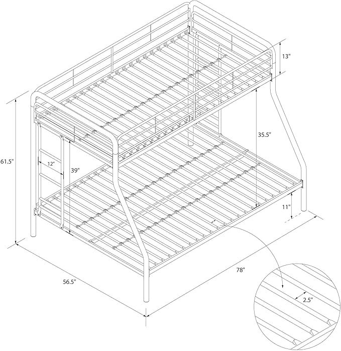 DHP Dusty Metal Bunk Bed Frame, Twin-Over-Full for Kids, Teens, Adults, Angled Ladder, Guardrail, No Boxspring, Small Spaces, Pink