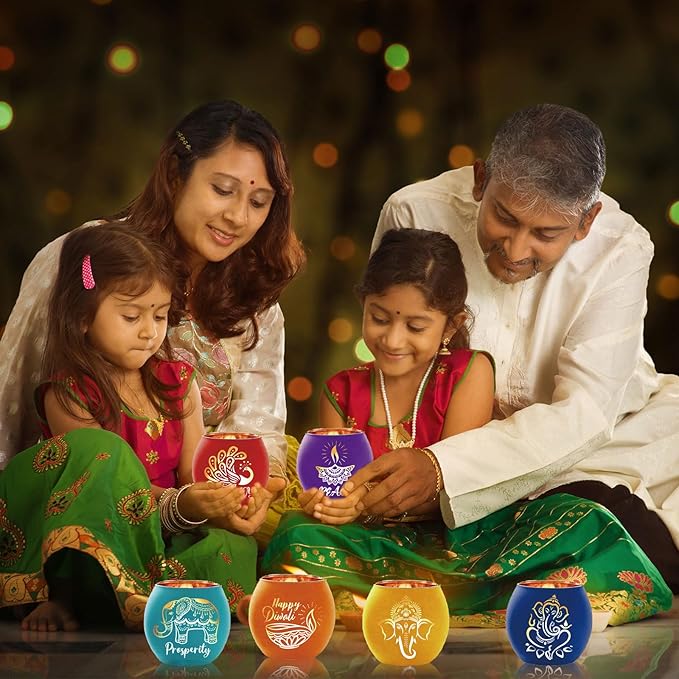 VIHOSE 6 Set Diwali Tealight Candle Holders Diwali Decorations for Home Glass Tea Light LED Battery Operated Candles Flameless Lights for Indian Table Centerpiece Party Decor Gifts