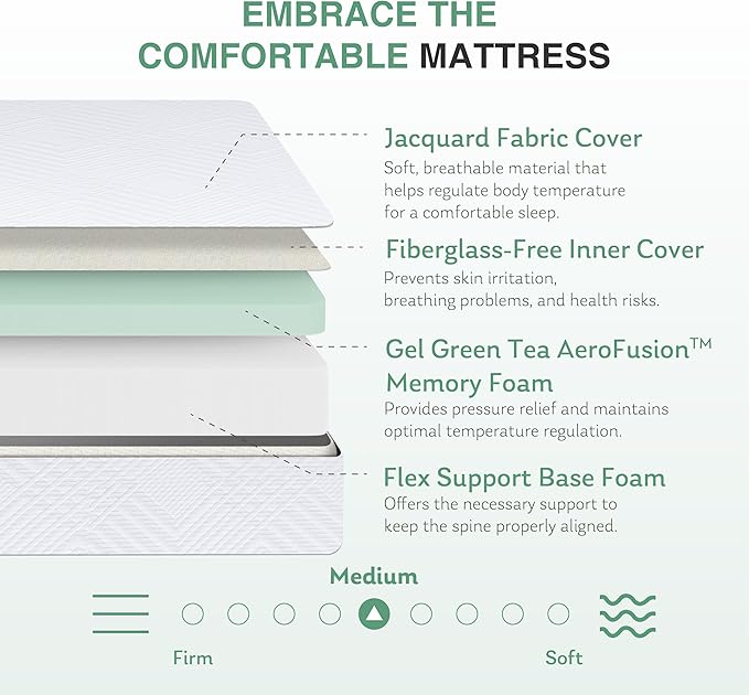 Full Mattress in a Box, 12 inch Mattresses for Platform Bed Double Size Daybed Bunk, Green Tea Memory Foam Mattress for Cool Sleep & Pressure Relief, Medium Firm