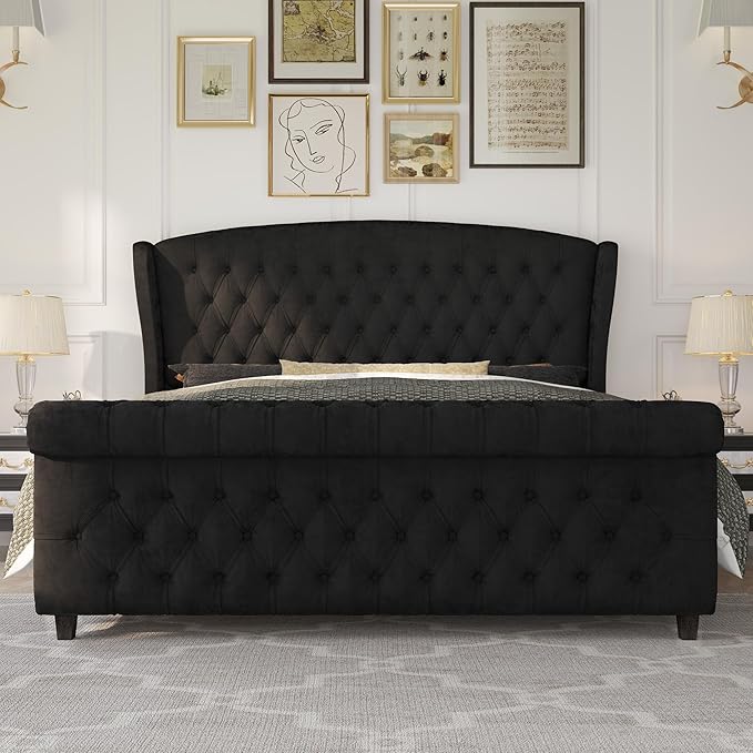 AMERLIFE California King Size Platform Bed Frame, Velvet Upholstered Sleigh Bed with Scroll Wingback Headboard & Footboard/Button Tufted/No Box Spring Required/Black