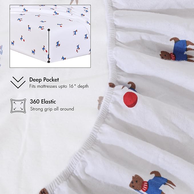 RUVANTI Flannel Sheets King Size - 100% Cotton Brushed King Bed Sheets Set - Deep Pockets 16 Inches - All Seasons Breathable & Extra Soft - Warm & Cozy, 4 Piece, Puppy Playoff