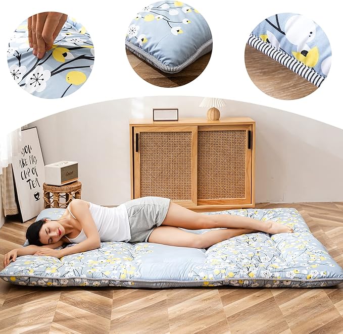 MAXYOYO Little Floal Japanese Futon Floor Mattress, Bed Mattress Topper Portable Thick Sleeping Pad Floor Bed Roll Up Camping Mattress Folding Couch Bed Mattress Pad for Guest Room, Full Size