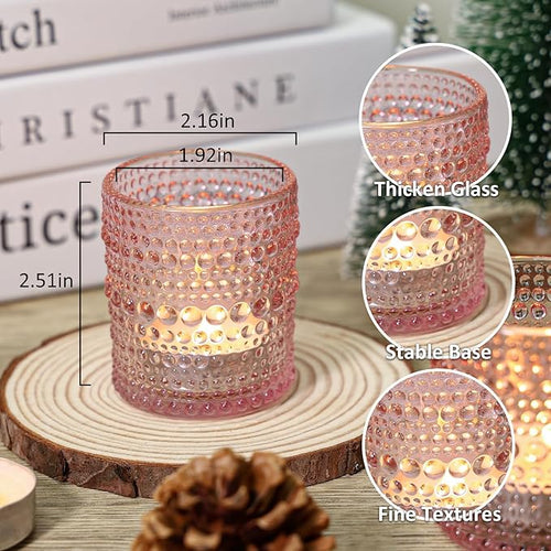 24 Pcs Votive Candle Holders, Pink Glass Candle Holder Bulk for Table Centerpiece, Tea Lights Candle Holders for Wedding Shower, Party and Home Decor