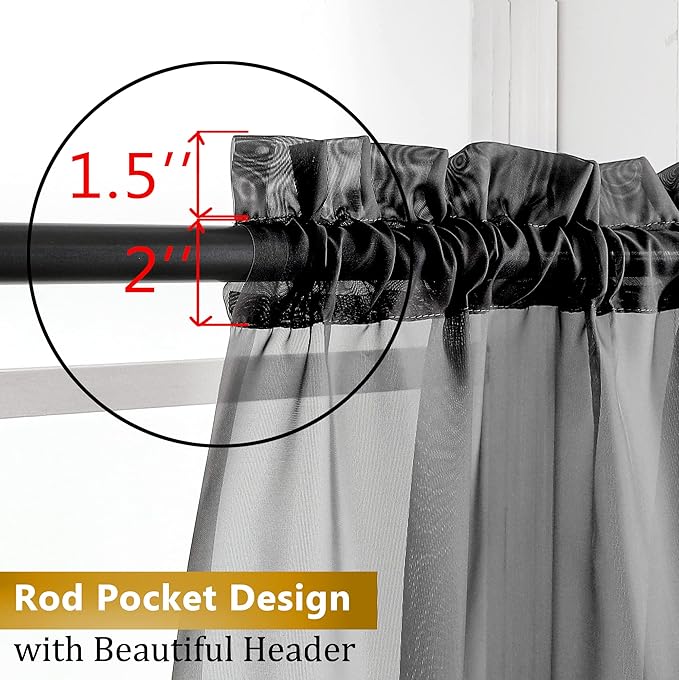 Aiyufeng Black Curtains - Farmhouse Semi Sheer Window Covering, Light & Airy Privacy Panels for Bedroom, Living Room, Patio, Glass Door, 40 inch Width x 45 inch Length, Set of 2