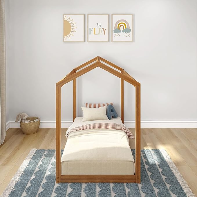 Max & Lily Twin Floor House Bed, Modern Solid Wood Low Bed Frame for Kids, Montessori Floor Bed for Bedroom, Playroom, Wooden Slats, Pecan