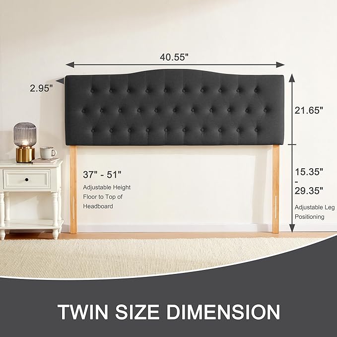Tufted Upholstered Headboard Twin Size, Sturdy and Durable Solid Wood Twin XL headboard, Fabric Headboard Adjustable Height from 37” to 51”, Modern Button Diamond Design Head Board, Black