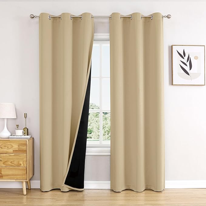 ChrisDowa 100% Blackout Curtains for Bedroom with Black Liner, 2 Thick Layers Total Blackout Thermal Insulated Grommet Window Curtains 2 Panels Set (Beige, 42 x 84 Inch)