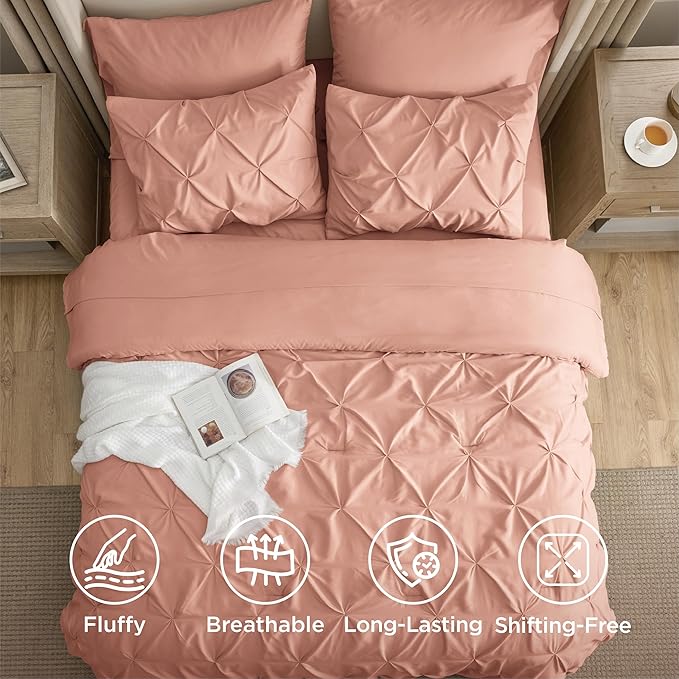 Bedsure King Size Comforter Set Dusty Pink - Bed in a Bag Bedding Set 7 Pieces, GentleSoft™ Pintuck Bed Set Gift for Family, Pinch Pleat Dusty Pink Comforter with Sheets, Pillowcases & Shams