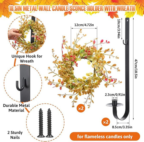 2 Set Rustic Wall Candle Sconces Holder Thanksgiving Fall Decor 18.5" Vintage Metal Wall Mount Candle Holder with Wreath for Farmhouse Living Room Indoor, Only Applicable to LED Candles
