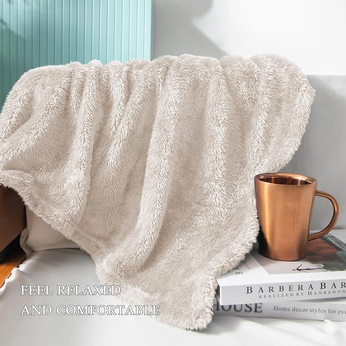 Exclusivo Mezcla Plush Fuzzy Fleece Throw Blanket Extra Large, Super Soft, Fluffy and Warm Blankets for Couch, Bed, Suitable for All Seasons (50x70 Inches, Beige)