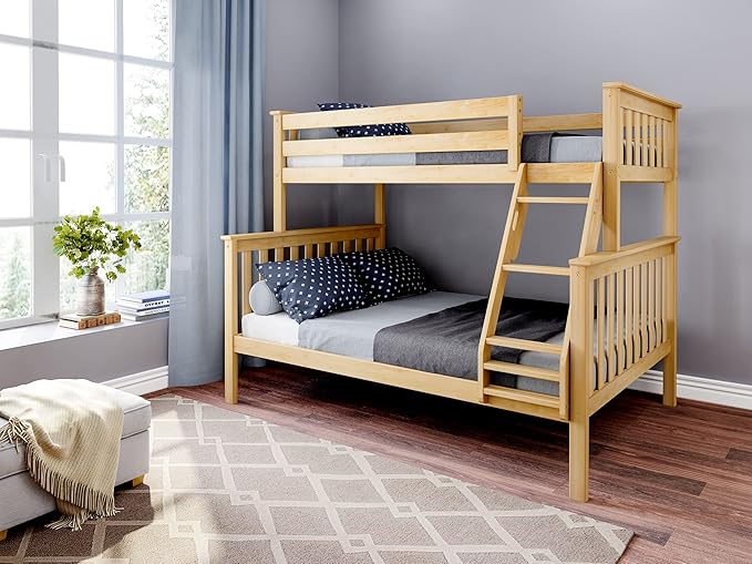 Max & Lily Bunk Bed Twin Over Full Size with Ladder, Solid Wood Platform Bed Frame with Ladder for Kids, 14" Safety Guardrails, Easy Assembly, No Box Spring Needed, Natural