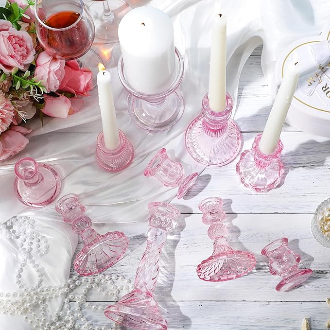 Mumufy 10 Pcs Glass Crystal Taper Candle Holders Clear Glass Candlestick Holder Fit 0.8 Inch Candles Crystal Decorative Candle Stand Centerpiece Table Wedding Dining Party (Classic,Pink)