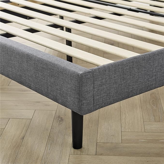 DeCoro Mornington 2.0 Upholstered Platform Bed | Headboard and Metal Frame with Wood Slat Support, Grey, King Size