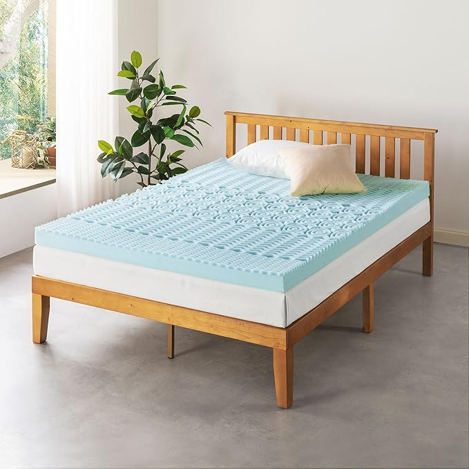 Mellow 4 Inch 5-Zone Memory Foam Mattress Topper, Cooling Gel Infusion, Dorm Essentials, Short Queen Blue