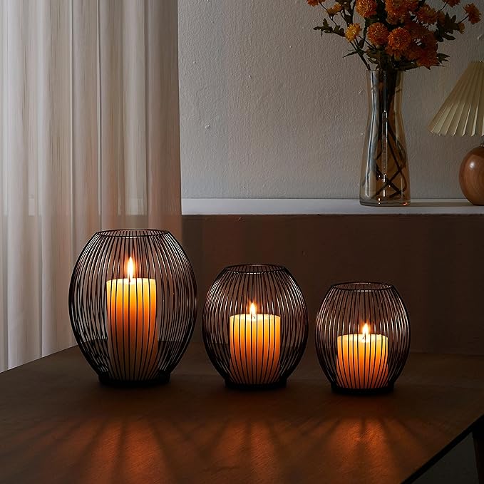 OLEEK Outdoor Candle Holder Decor Set - Black Candle Holder - Candles Holders for Table Centerpiece - Hurricane Candles Holder for Pillar Candles Cage Candle Holders Black Wire Decorative
