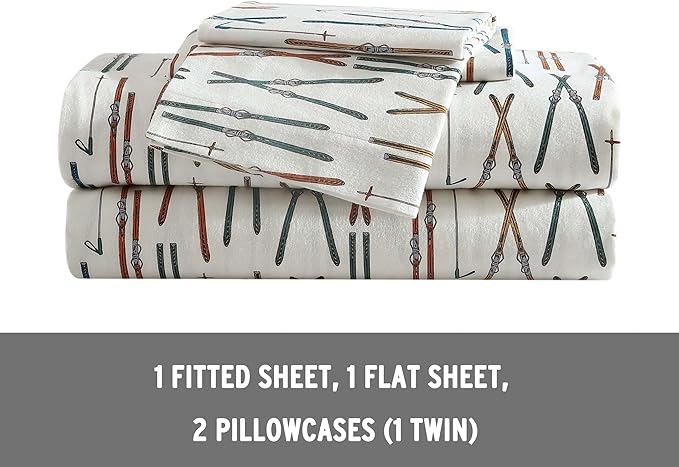 Eddie Bauer - Queen Sheets, Cotton Flannel Bedding Set, Brushed For Extra Softness, Cozy Home Decor (Ski Line White, Queen)