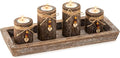 Farmhouse Coffee Table Decor Candle Holder - Romadedi Boho Wooden Tray with 4 Tealight Candles Holders for Tables Centerpiece Home Decorations Living Room Fireplace Kitchen