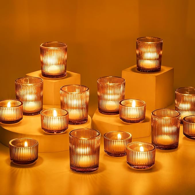 Glasseam Amber Tealight Candle Holders: 24pcs Ribbed Small Votive Holders Bulk for Thanksgiving Table Centerpiece Fall Wedding Christmas Decor