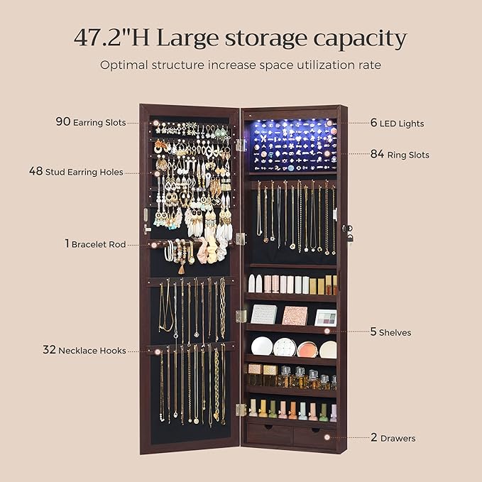 SONGMICS 6 LEDs Mirror Jewelry Cabinet, 47.2-Inch Tall Lockable Wall or Door Mounted Jewelry Armoire Organizer with Mirror, 2 Drawers, Christmas Gift, 3.9 x 14.6 x 47.2 Inches, Brown
