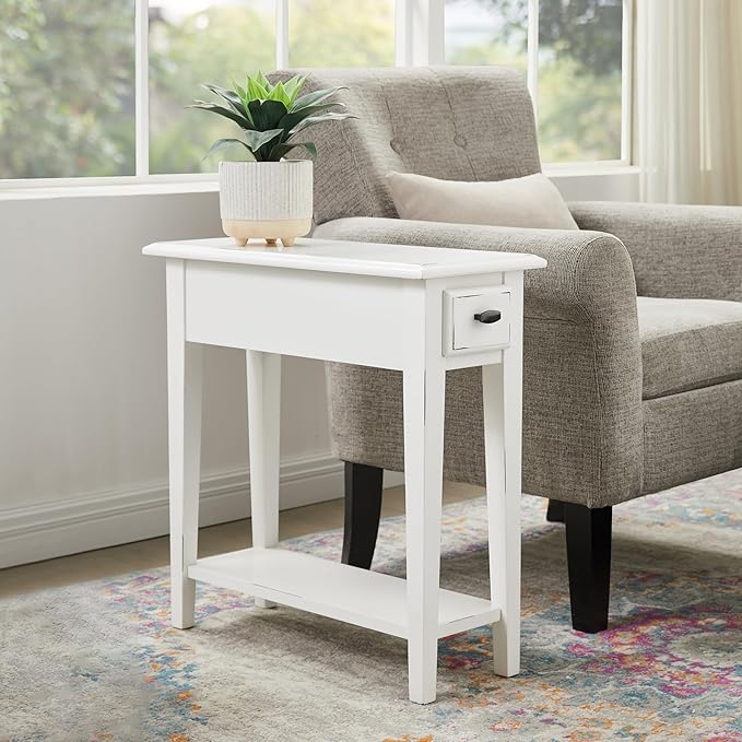 Haven Ridge Narrow End Table, Solid Wood Side Table with Drawer and Shelf, Farmhouse White, Perfect for Living Rooms, Bedrooms, and Small Spaces – Leick Home, 214361