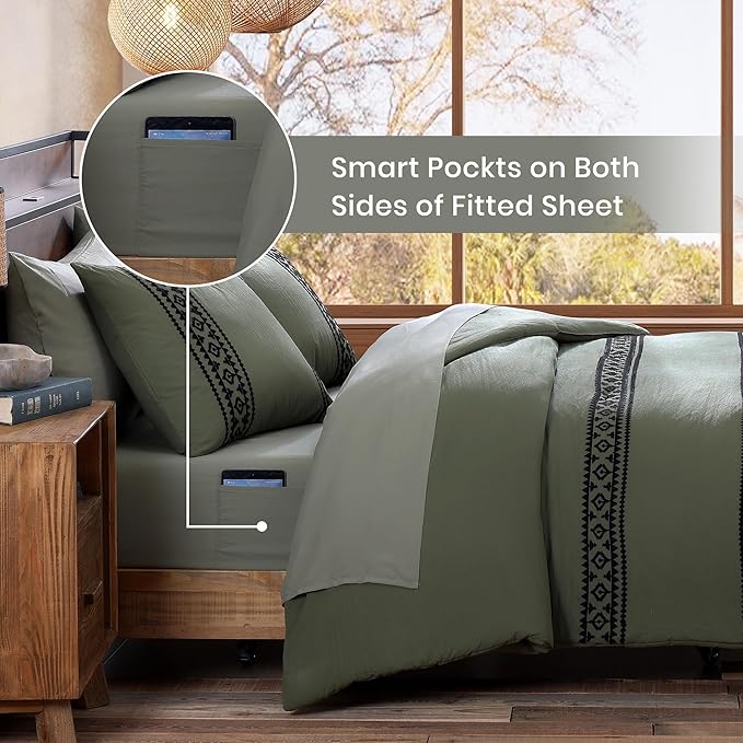 MaiRêve California King Comforter Set Olive Green, Embroidery Western Bedding Set Boho 7 Pieces, Farmhouse All-Season Bed in A Bag with Sheets, Pillowcases & Shams