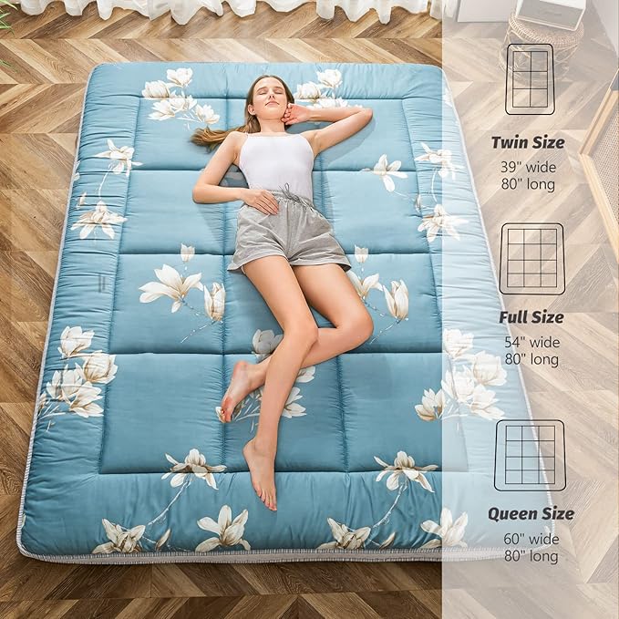 MAXYOYO Floral Printed Futon Mattress, Padded Japanese Floor Mattress Quilted Bed Mattress Topper, Extra Thick Folding Sleeping Pad Breathable Floor Lounger Guest Bed for Camping Couch, Queen Size