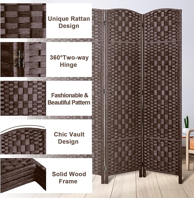 Rose Home Fashion 6 ft Tall Room Divider, Room Dividers and Folding Privacy Screens, 15.7in Privacy Screen 4 Panel Partition Temporary Wall Separation for Private, Brown