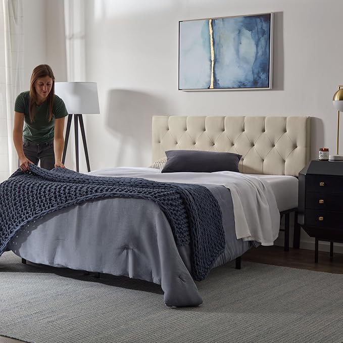 Lucid Mid-Rise Upholstered Headboard - Diamond Tufted - Padded Polyester - Adjustable Height from 34” to 46” - Easy Assembly - Bed Frame or Wall Mount - Sturdy - Pearl - King / Cal King Size