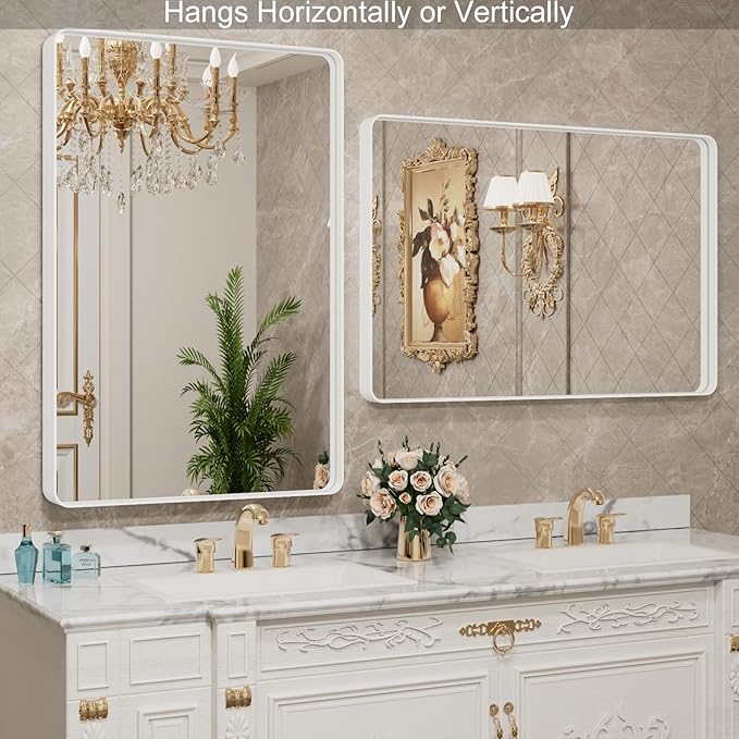 LOAAO 40x30 Inch White Metal Framed Bathroom Mirror for Wall, White Bathroom Vanity Mirror Farmhouse, Large Rounded Rectangle Mirror, Anti-Rust, Tempered Glass, Hangs Horizontally or Vertically