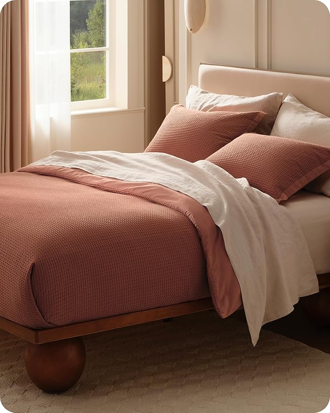 Bedsure Cotton Duvet Cover Queen - 100% Cotton Waffle Weave Burnt Orange Duvet Cover Queen Size, GentleSoft™ and Breathable Bedding Set for All Season, 3 Pieces, 90"x90"