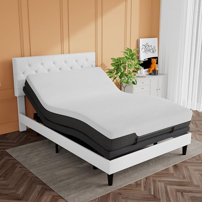 SHA CERLIN Queen Size Ergonomic Adjustable Bed Base, Upholstered Bed Frame with Upholstered Motor, Motorized Head and Foot Incline, Wireless Remote Control, Assembly Required, Bed Base Only
