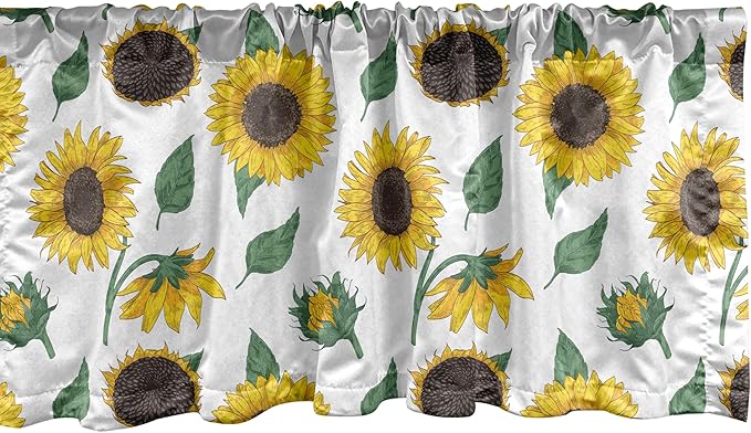 Ambesonne Sunflower Window Valance Pack of 2, Agricultural Pattern Botanical Inspiration Hand-Drawn Flowers, Rod Pocket Curtain Valances for Kitchen Bedroom, 42" X 18", Reseda Green Dark Brown