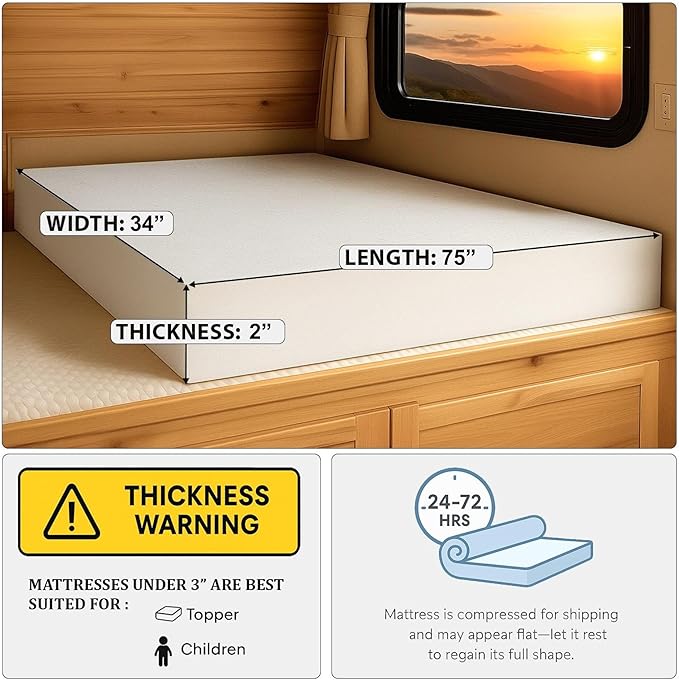 Foamma 2” x 34” x 75” Camper/RV Travel High-Density Bunk Mattress Topper, Made in USA, Comfortable, Travel Trailer, CertiPUR-US Certified, Cover Not Included