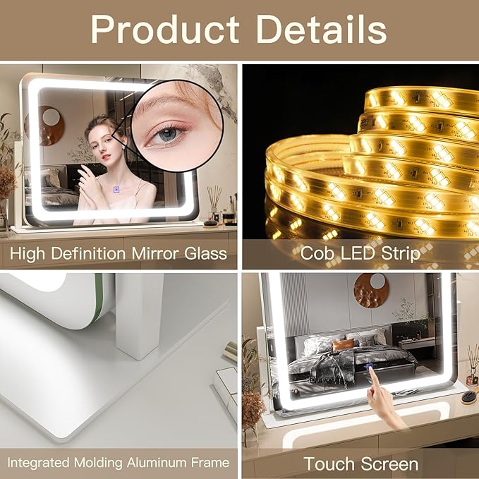 FENNIO Vanity Mirror with Lights 22''x17'' Makeup Mirror with Lights,Vanity Mirror Touch Screen with 3-Color Lighting,Dimmable,for Vanity Desk Tabletop