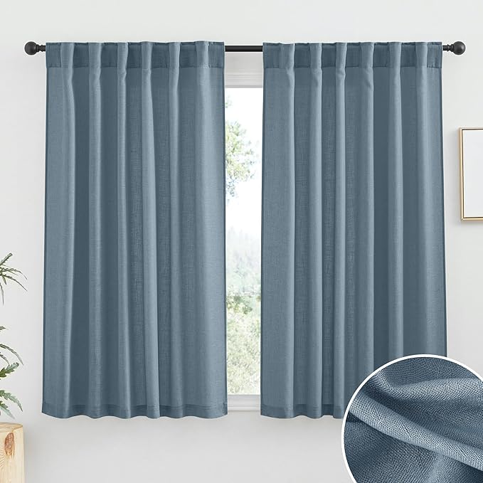 RYB HOME Linen Texture Curtains for Living Room Bathroom, Elegant Semi Sheer Drapes Light Filtering Airy Privacy Protection Vintage, 52 inch Width x 36 inch Length, Stone Blue, 2 Panels Set