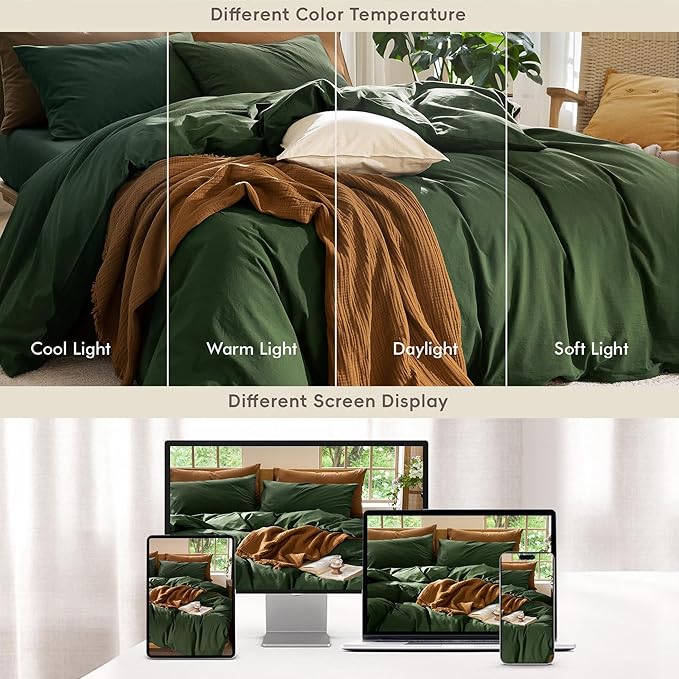 MooMee Bedding Duvet Cover Set 100% Washed Cotton Linen Like Textured Breathable Durable Soft Comfy (Solid Forest Green, Alaska King 132"x120")