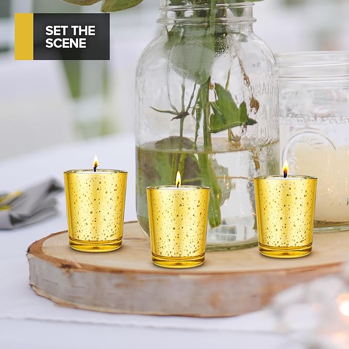 Stock Your Home Gold Votive Candle Holders Bulk Pack (36 Count), Tea Lights Candle Holder for Table Centerpiece, Christmas, Valentine, and Wedding Votive Candle Holders, Glass Votives Set