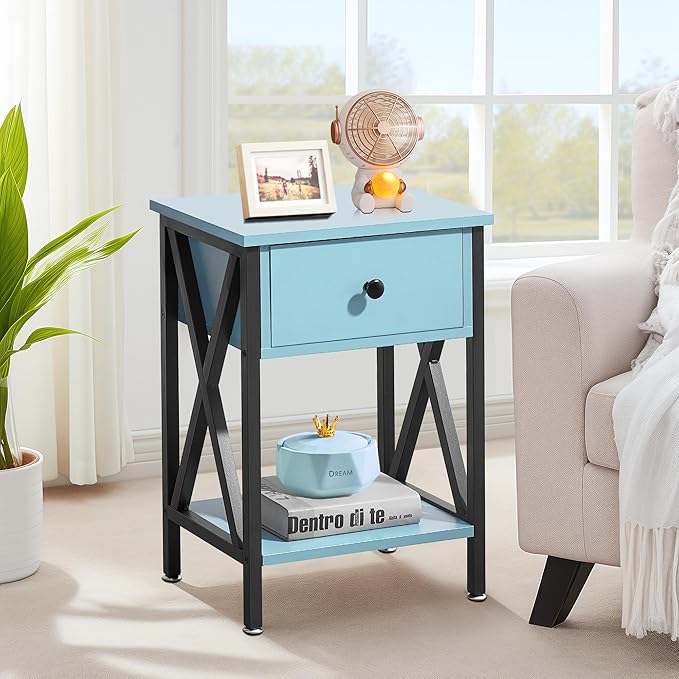 VECELO Nightstands Set of 2, Modern Bedside End Tables, Night Stands with Drawer and Storage Shelf for Living Room Bedroom, Industrial Metal Frame