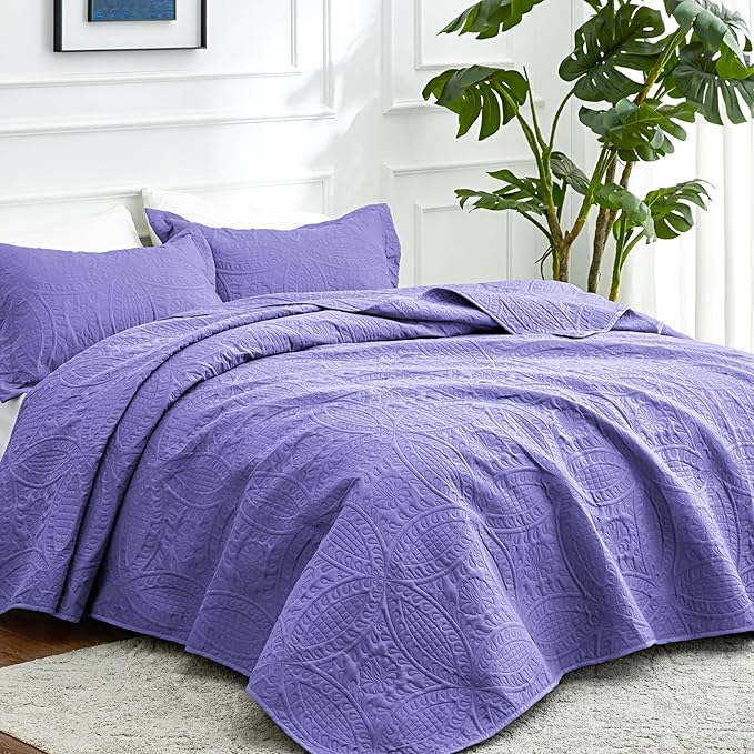 Love's cabin King Size Quilt Bedding Set Deep Purple Bedspreads - Bed Summer Lightweight Bedspread Comforter - Coin Pattern Bedding Coverlet for All Season - 3 Pieces (1 Quilt, 2 Pillow Shams)