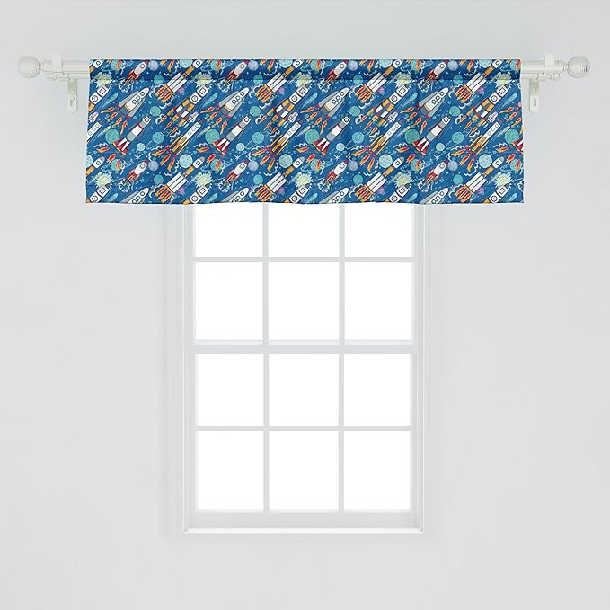 Ambesonne Spaceship Window Valance Pack of 2, Hand-Drawn Cartoon Spaceships Planets and Stars Outer Space Exploration Theme, Rod Pocket Curtain Valances for Kitchen Bedroom, 42" X 18", Violet Blue